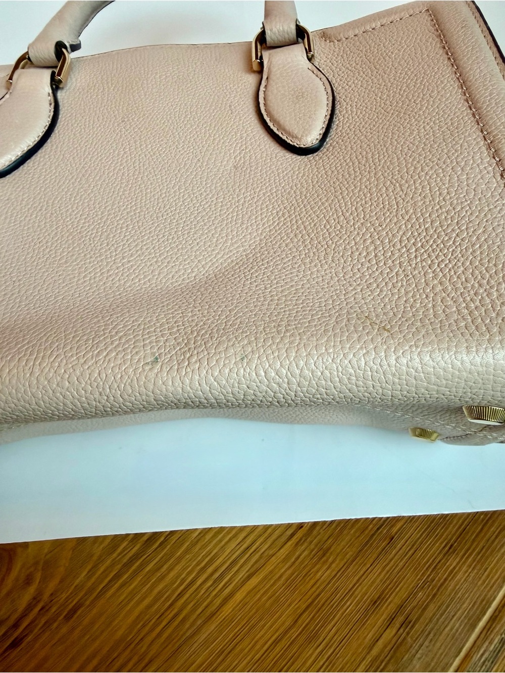 Michael Kors Mercer Pebbled Leather Satchel Handbag Blush Beige Gold Tone Purse - Picture 9 of 16